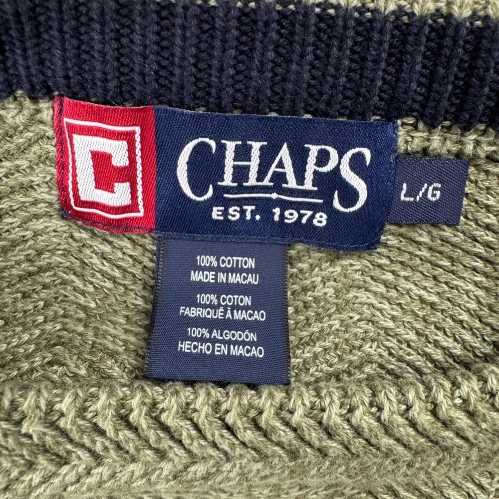 Vintage Chaps Men's L Olive Green Cotton Crew Neck Herringbone Knit Sweater 90's